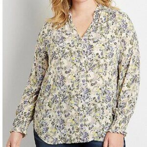 Maurices Women's Plus Size Yellow Floral Button Down Ruffle Neck Blouse - 1X